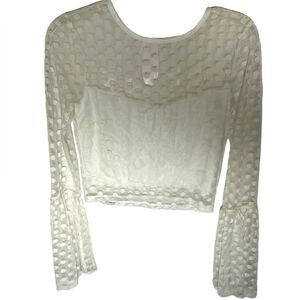 Vintage Inspired Iris White Ruffled Mesh Lace Cropped Bell Sleeve Sheer Blouse S